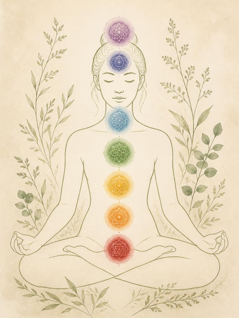 Illustration of the seven chakras aligned along the body from base to crown